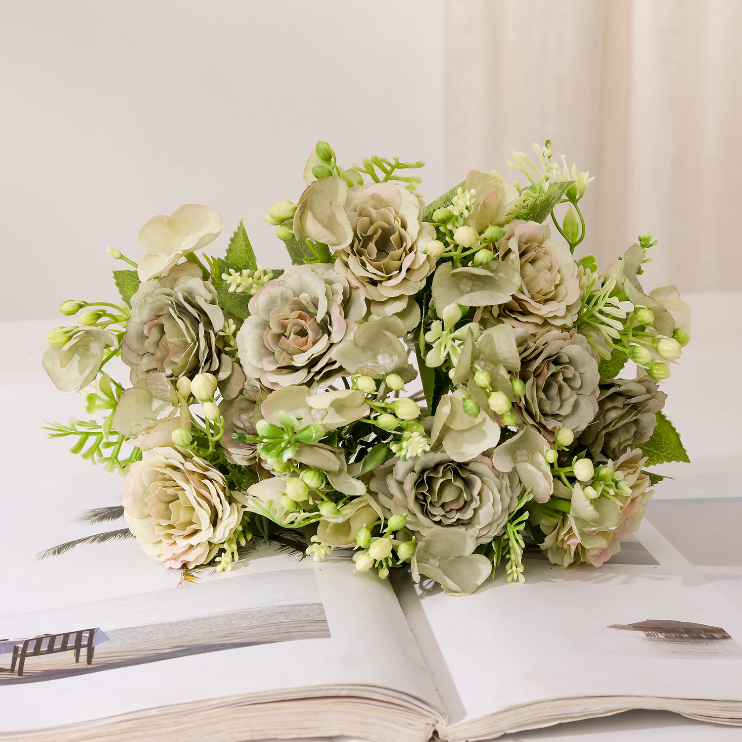 Flores artificiales, ramo decorativo, flores de plástico, rafia, peonía, rosa, arreglo floral, ramo individual, flores secas artificiales, decoración para sala de estar