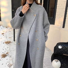 韩版金扣高级感毛呢大衣女2025秋冬新款双排扣宽松简约毛呢外套女