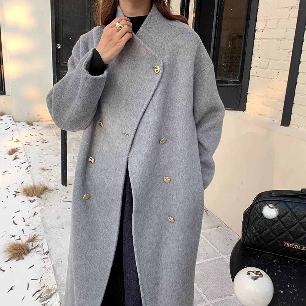 韩版金扣高级感毛呢大衣女2025秋冬新款双排扣宽松简约毛呢外套女