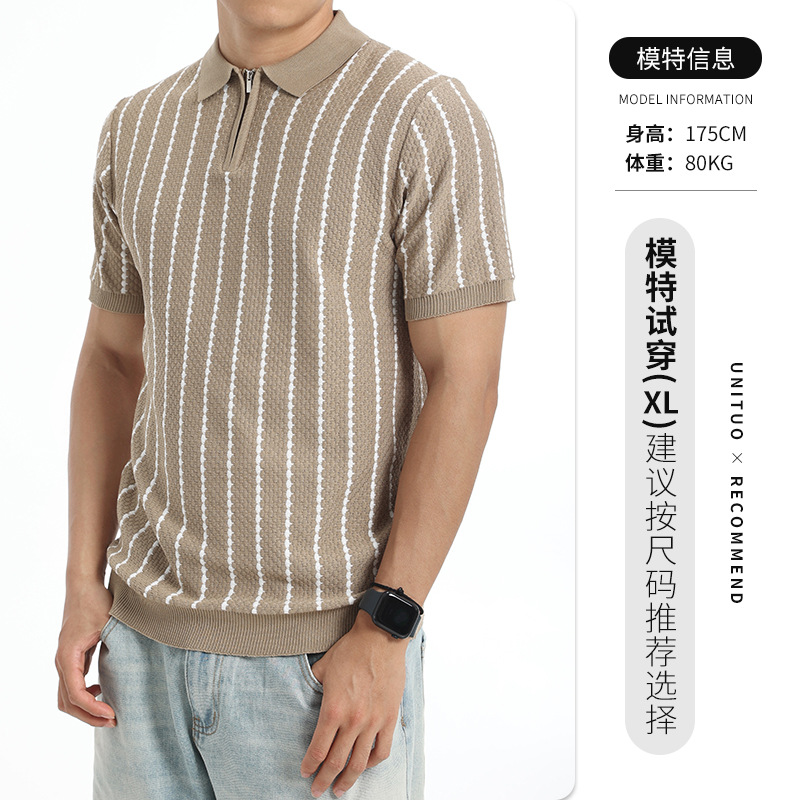 Europa y los Estados Unidos de verano hombre jacquard rayas punto polo medio cremallera solapa camiseta de negocios de manga corta camiseta casual