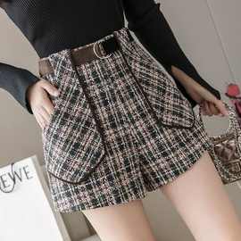 格子毛呢短裤女秋冬2025新款韩版高腰显瘦百搭休闲阔腿裤外穿靴裤