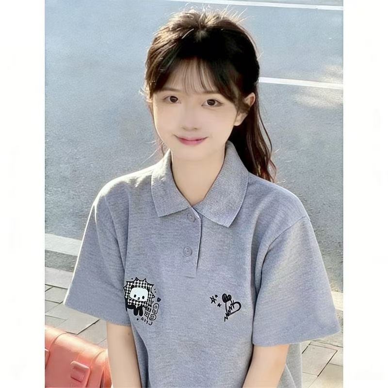 日系复古可爱正肩polo衫短袖t恤女夏季美式学院风设计感小众上衣