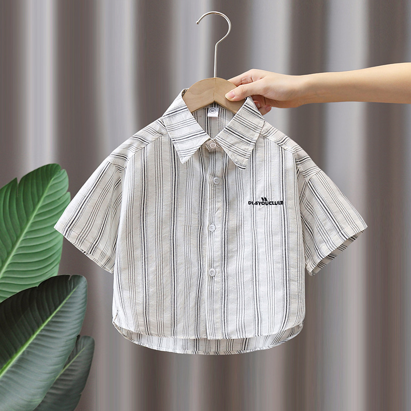 7367 Traje de camisa para niños Camisa a rayas de manga corta delgada de verano para niños 2025 nuevo traje de verano de dos piezas de verano