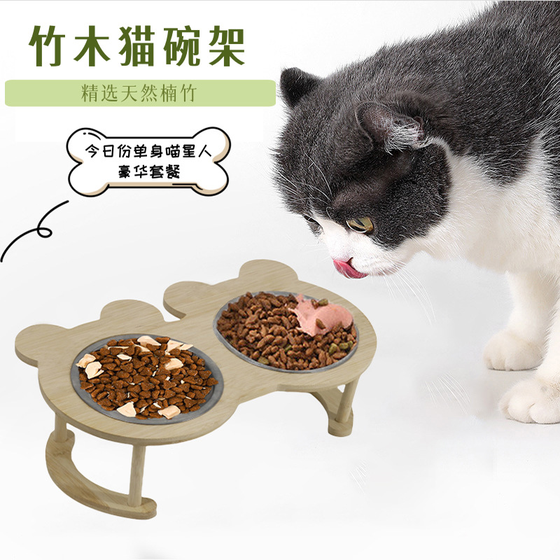 대나무 고양이 그릇, 높은 스탠드, 목 보호대, 싱글 및 더블 그릇 스탠드, 애완동물 넘어짐 방지 피더, 고양이 용품, 고양이 먹이 그릇