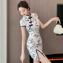 2025新款国风水墨元素少女中式日常旗袍裙收腰开叉短款国潮连衣裙