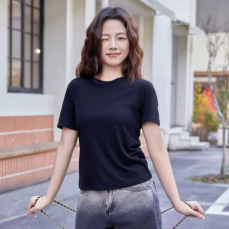 春夏新款夏装天丝圆领宽松短袖T恤女半袖修身体桖休闲百搭上衣服