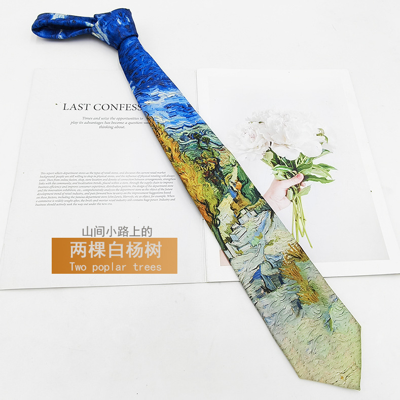 Van Gogh Pintura al óleo Hombre Impresión de seda de poliéster Corbata retro Fabricante Spot Moda Casual Corbata Mano 8cm