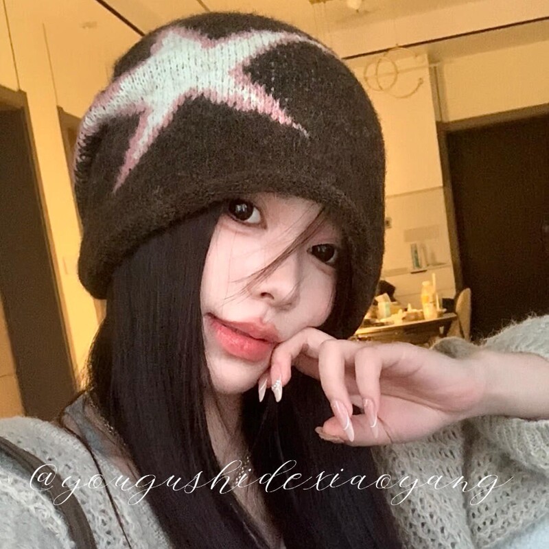 辣妹星星针织冷帽女秋冬韩系复古堆堆帽女护耳保暖百搭大头围包头|undefined