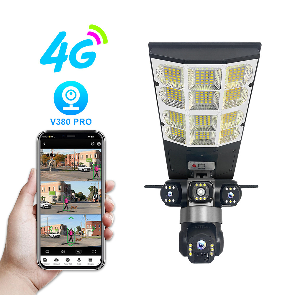 V380 solar luz de calle iluminación cámara wifi teléfono móvil remoto 4G PTZ monitoreo impermeable HD tres lentes