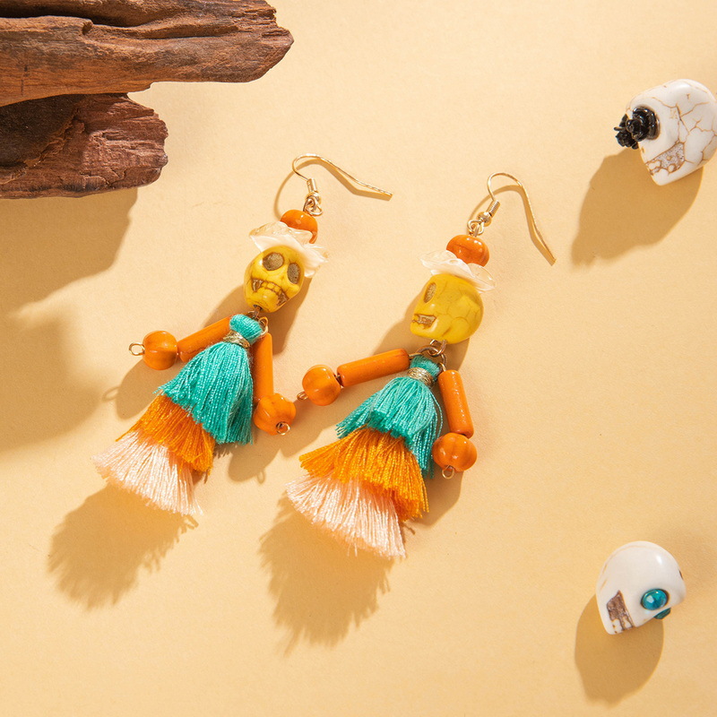 27g Weight Alloy Ear Needle Material Drop Earrings Classification 1 Pair Quantity Holiday, Daily Occasion Alloy, Resin Material Halloween Festival Tassel, Skull Pattern Women's Gender Plating Design Elegant, Streetwear Style 1 Pair Halloween Elegant Streetwear Tassel Skull Plating Alloy Resin Drop Earrings 19