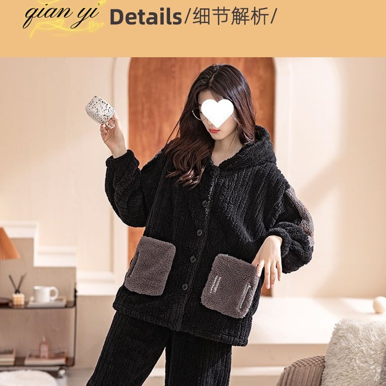 겨울 잠옷 여성용 산호 양털 기모 새로운 가을과 겨울 플란넬 외부 착용 겨울 홈 의류 세트