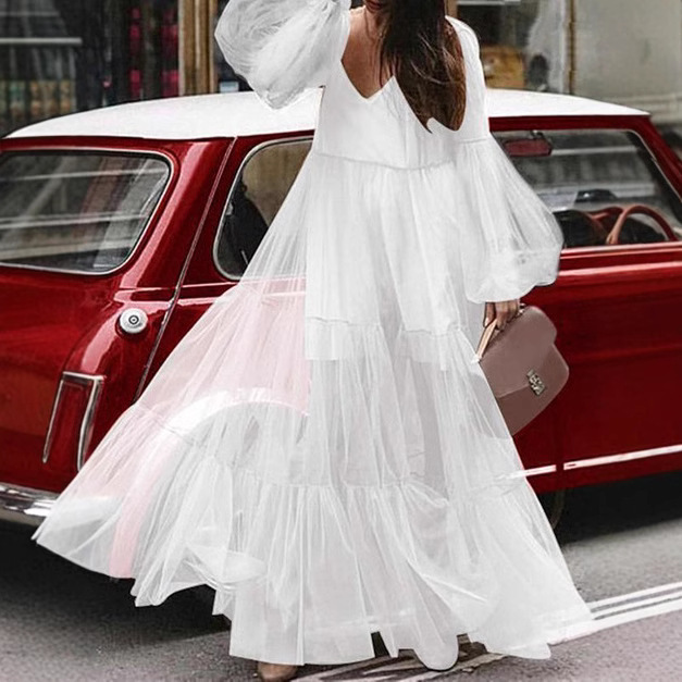 2020 Summer New European and American Export Women's Clothing Amazon V Neck Puff Sleeve Mesh See-Through Dress Long Skirt New Style