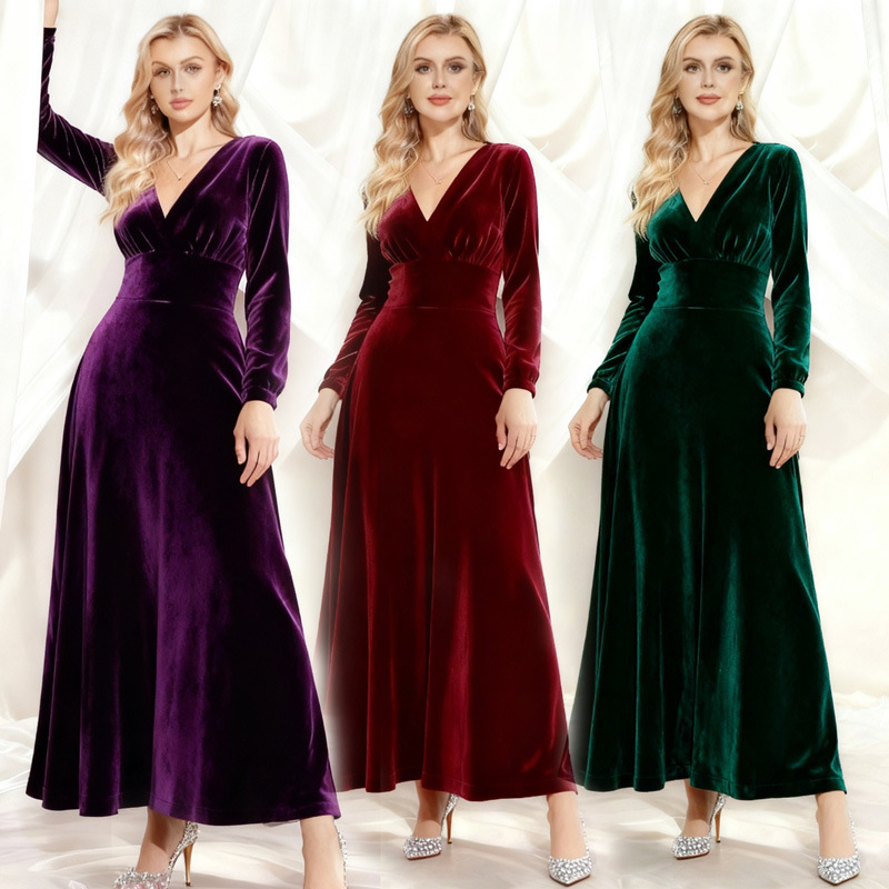 2026 Amazon Cross-Border European and American New Women's Autumn and Winter Pure Color Long-Sleeved Dress Gold Velvet V Neck Dress 2026 Amazon Cross-Border European and American New Women's Autumn and Winter Pure Color Long-Sleeved Dress Gold Velvet V Neck Dress
