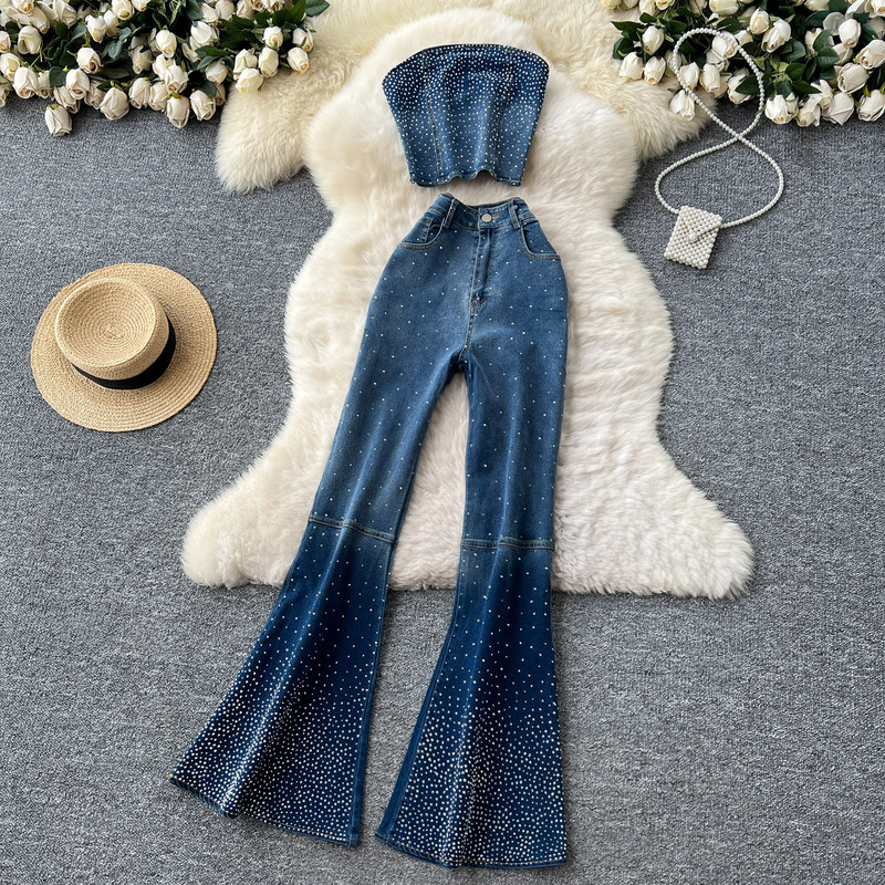 Fashion Rhinestone Set for Women, Summer Hong Kong Style Retro Versatile Sleeveless Tube Top + High-Waisted Denim Flared Long Pants