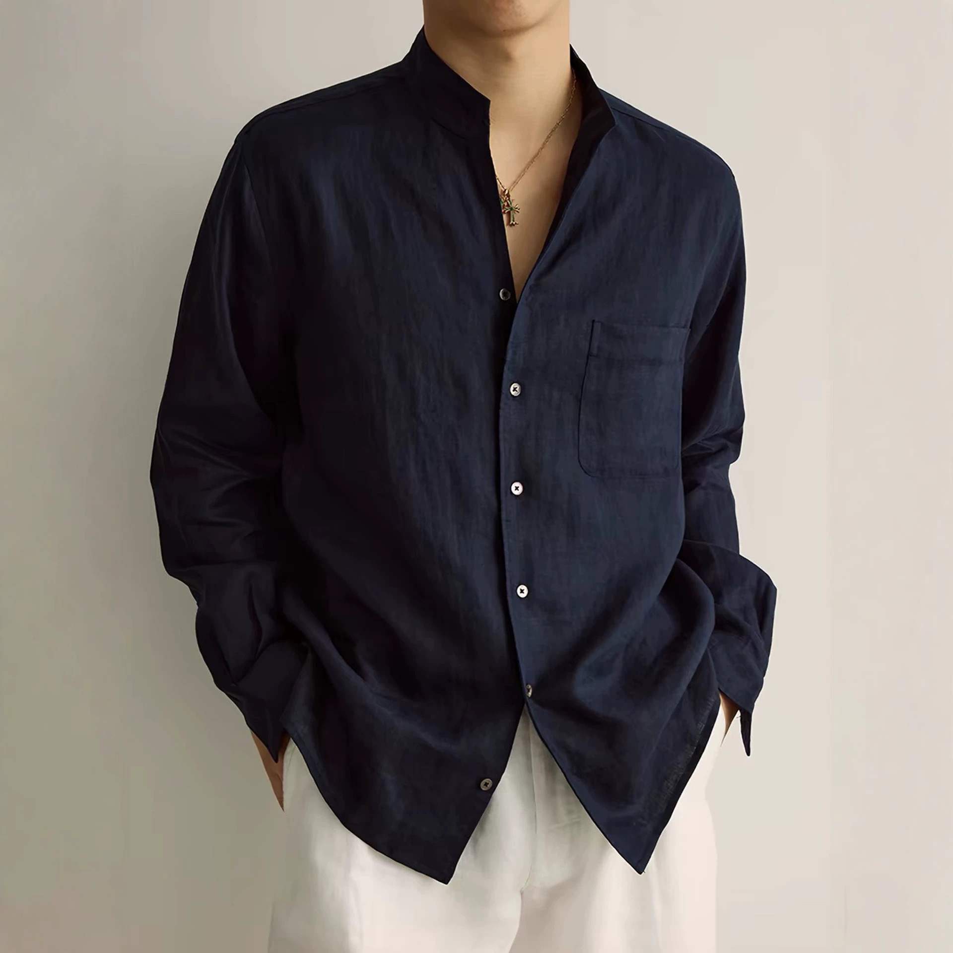 French Dew Linen 100% Old Money Style Stand Collar Shirt Men's Loose Long Sleeve Relaxed Style Minimalist New Aristocratic Style Unisex