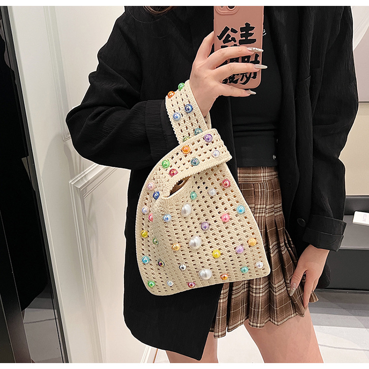 Women's Gender Women's Medium Knit Solid Color Cute Pearls Open Straw Bag