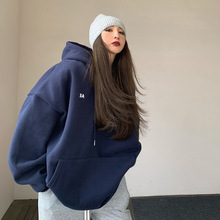 纯色连帽加绒加厚卫衣女秋季薄款宽松中长款上衣潮KFWQ2269