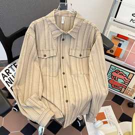 中性风秋季条纹衬衫男长袖叠穿寸衫日系复古秋天宽松休闲情侣衬衣