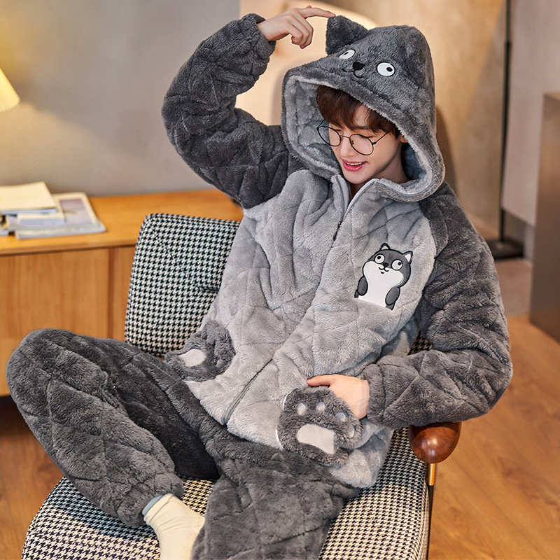 Winter Three-Layer Quilted Thickeneded Velvet Pajamas for Men, Warm Hooded Cardigan Two-Piece Set, Long-Sleeved Home Clothes That Can Be Worn Outside