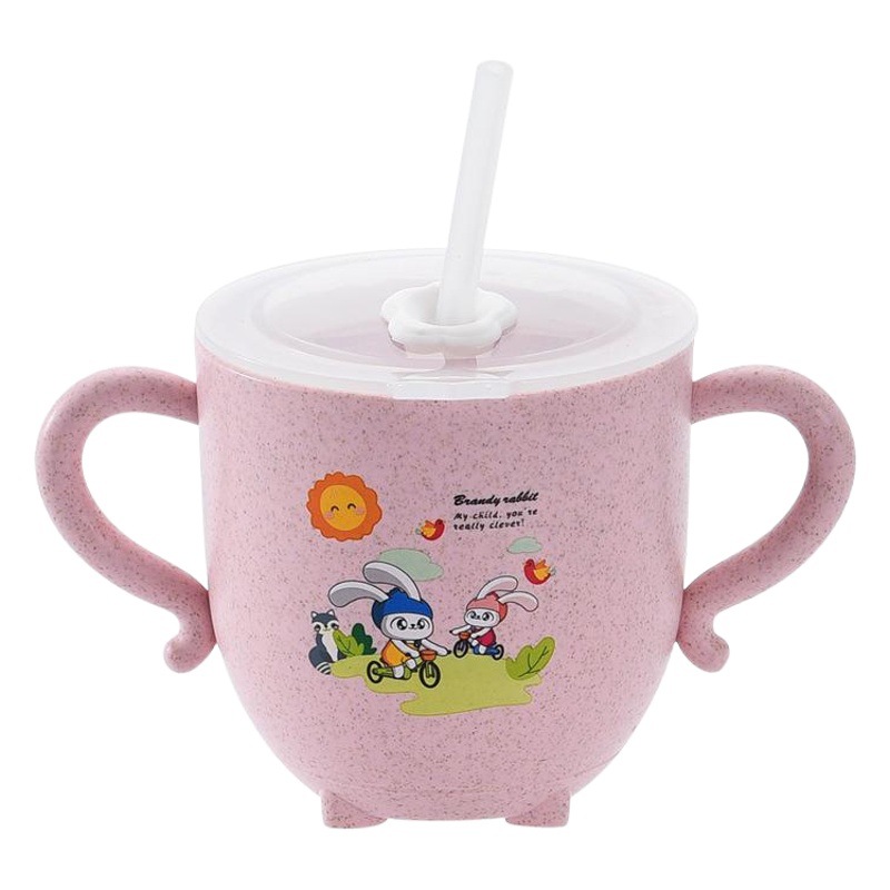 Taza de agua de paja de trigo con escala bebé con tapa taza de beber niños lindo regalo de taza de dibujos animados