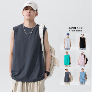 2024 Summer Men's Cotton Round Neck Solid Color Sleeveless Vest White Fashion Versatile Top Trendy Korean Style