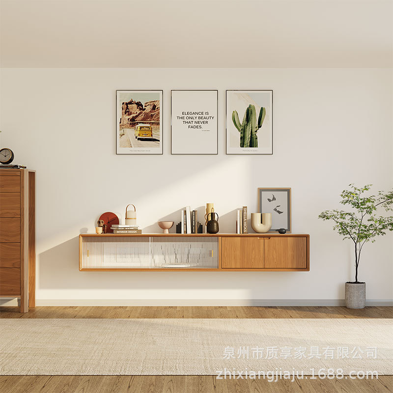 Wall Hanging Solid Wood Hanging TV Cabinet Hanging Living Room Bedroom Small Apartment Wall Hanging Cabinet Japanese Style Log Hanging Cabinet