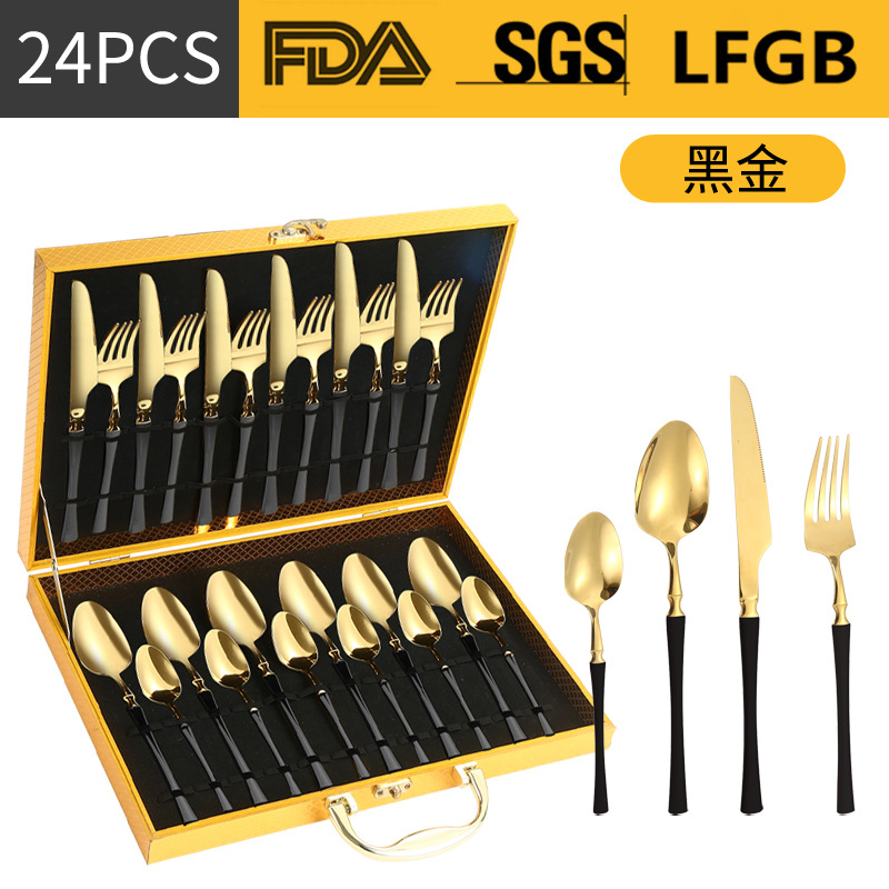 Amazon transfronteriza suministro de vajilla de acero inoxidable 24 piezas traje de cintura pequeña 4 piezas caja de regalo cuchillo, tenedor y cuchara traje