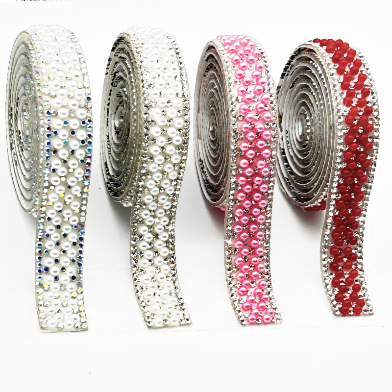 Tela de diamantes de imitación de perlas de color, cinta de diamantes autoadhesiva adhesiva hecha a mano, accesorios de joyería, ropa de diamantes de imitación de bricolaje, pegatinas de diamantes