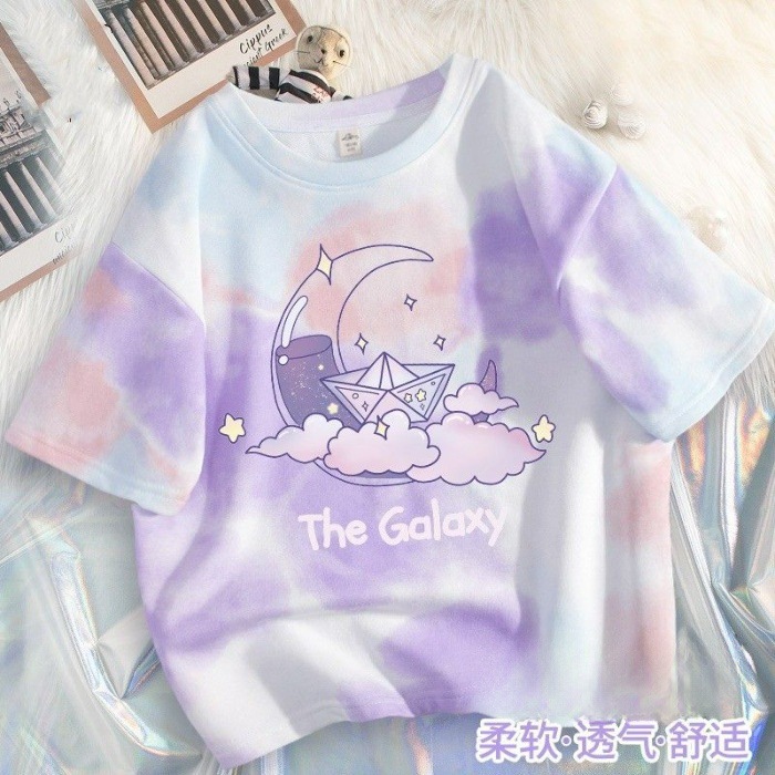 Girls' Short-Sleeved Ice Silk T-Shirt 2026 Summer New Style Kidsren's Stylish Tie-Dye Summer Korean Style Loose Top for Older Kidsren