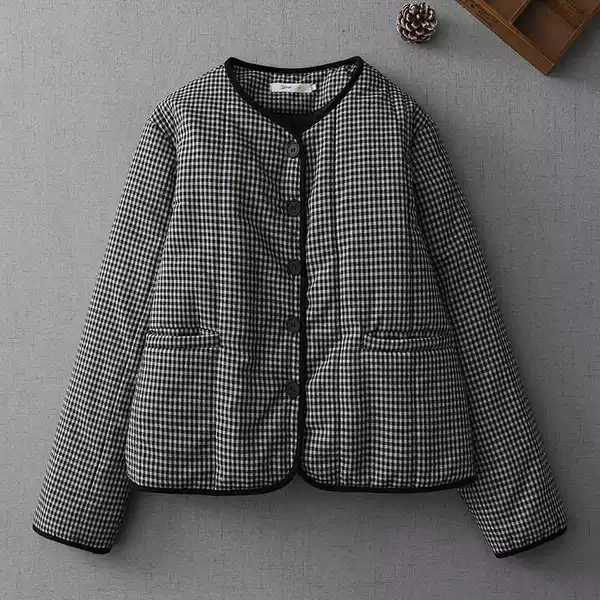 2025 Winter Literary Retro Plaid Lightweight Cotton Short Cotton Jacket for Women