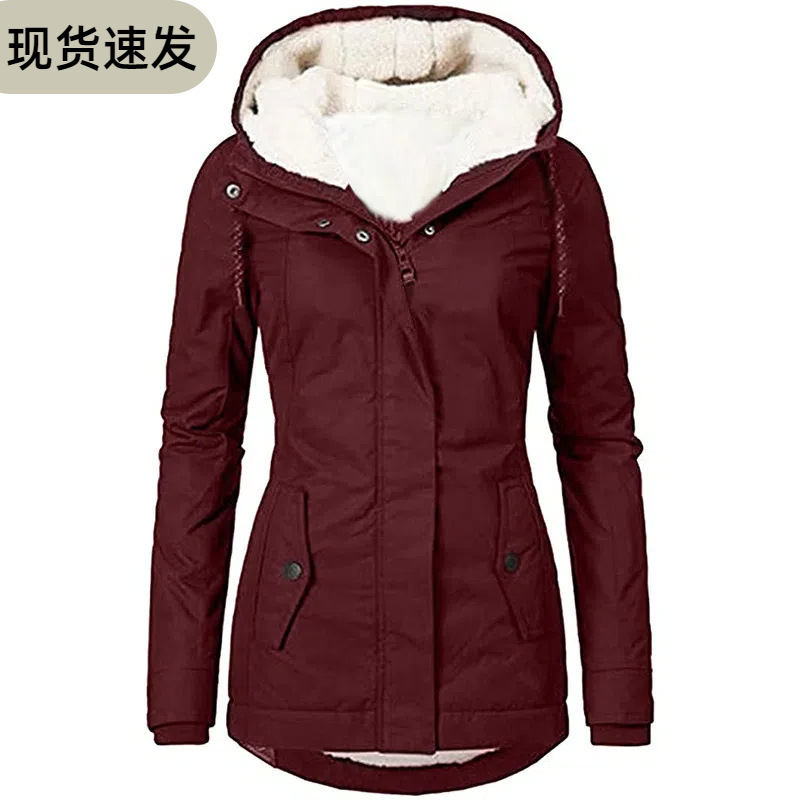 Cross-border Europe and the United States wish autumn and winter new women's coat solid color pocket zipper long sleeve velvet coat women