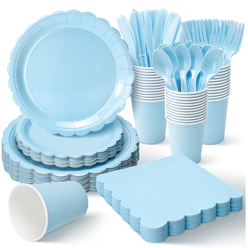 Light Blue Lace Paper Plate Set for Children's Birthday Cake Decoration, Disposable Lace Dinner Plates, Napkins, Knife, Fork, Spoon Light Blue Lace Paper Plate Set for Children's Birthday Cake Decoration, Disposable Lace Dinner Plates, Napkins, Knife, Fork, Spoon