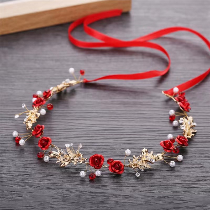 Forest Style Bridal Toast Dress Headdress Retro Chinese Flower Earrings Set Accessories Red Fairy Crown Headband