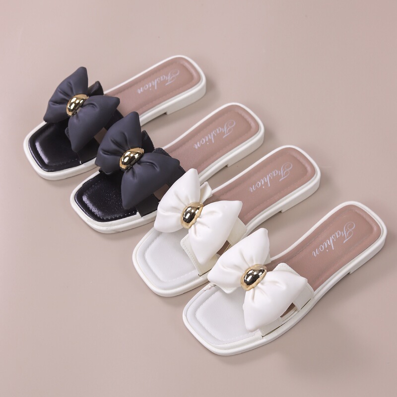 Bowknot sandals for women, popular online, 2025 new summer fashion, flat-soled beach slippers, versatile and non-slip
