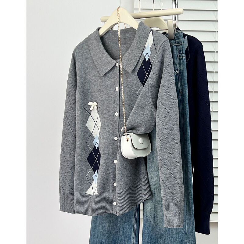100kg Plus-Size Women's Spring 2026 Stylish and Fashionable Bow-Knot Diamond-Patterned Knitted Cardigan Sweater 9424
