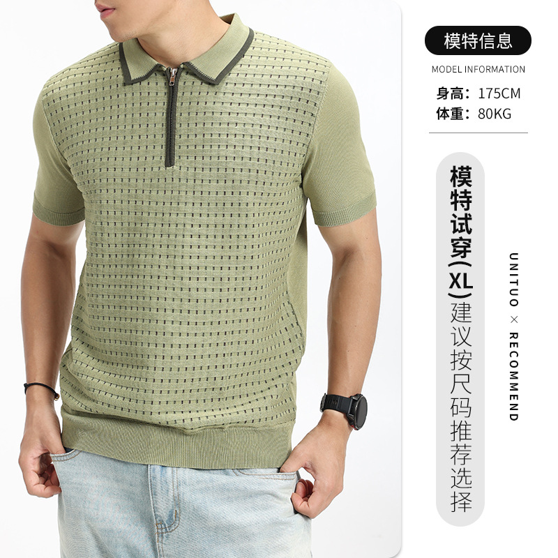 Europa y Estados Unidos transfronterizos hombres de alto nivel de hielo de seda de punto polo camiseta de negocios de moda casual con cuello camiseta de polo para hombres
