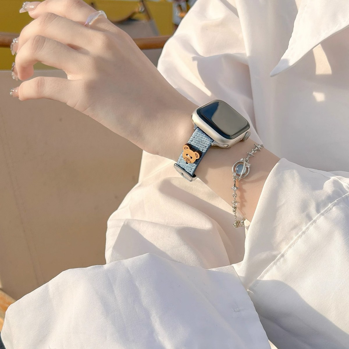 For Apple iwatchS9 Strap New Ultra2 Men's and Women's S8 Summer Denim Leather Sports Fashion Cartoon