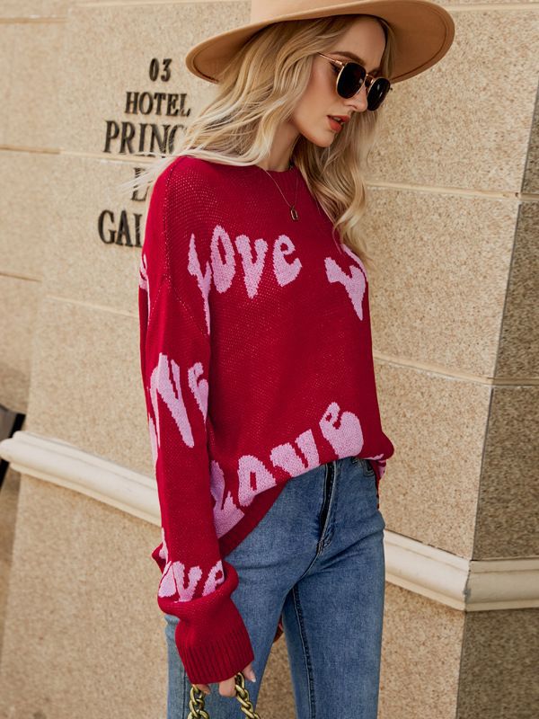 Transfronterizo suéter de fábrica carta jacquard más tamaño suéter estilo simple amor día de San Valentín suéter