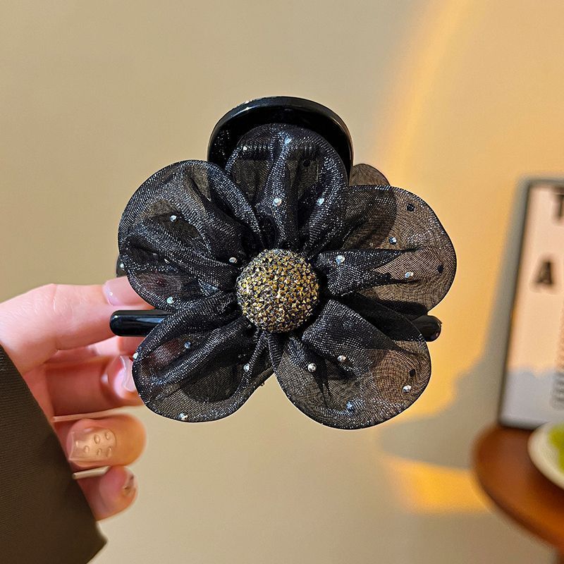 水钻波点网纱太阳花抓夹女2024新款高级感泡泡鲨鱼夹后脑勺发夹