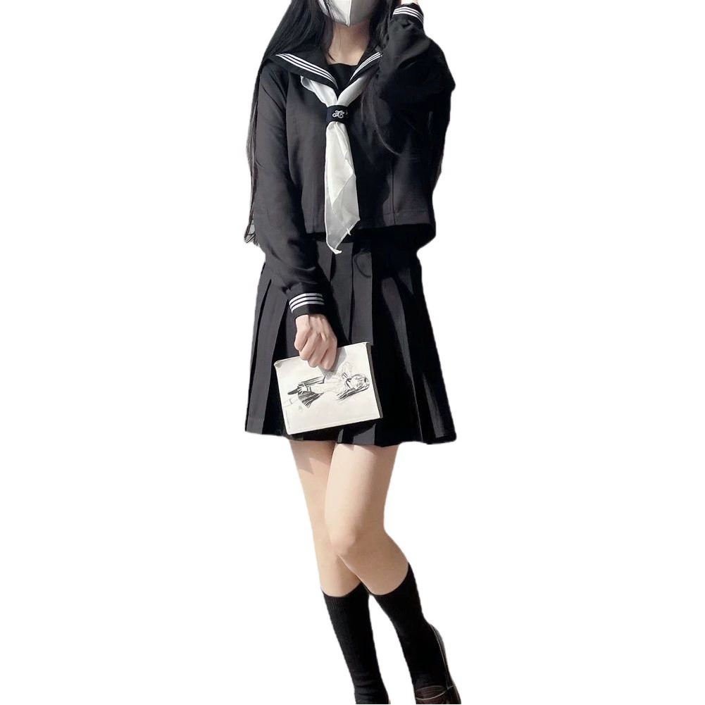 Униформа JK больших размеров в наличии Базовый черный костюм моряка с тремя длинными короткими рукавами Женский православный японский студенческий стиль