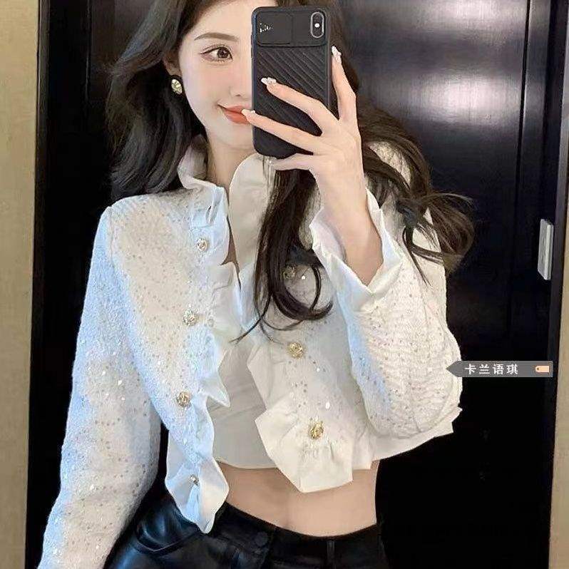 Short Chanel-style cardigan for women, Chinese style, new spring/autumn 2026, elegant and fashionable long-sleeved top.