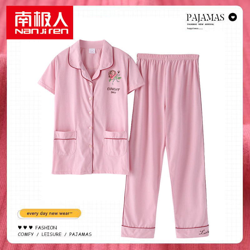 Pijamas de mujer de verano de algodón de manga corta pantalones de solapa de verano de las mujeres delgadas homewear traje