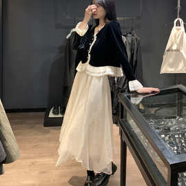 冬季金丝绒新款拼接撞色喇叭袖开衫上衣＋仙女纱裙中长裙两件套女