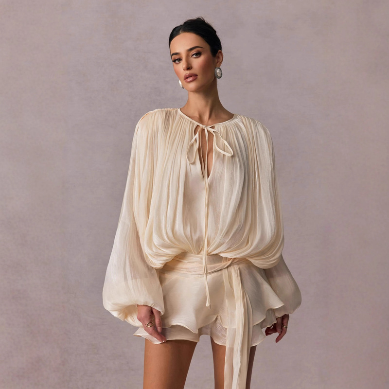 Women's Solid Color Shirt Mini Dress V-Neck Long Sleeve Patchwork Tie Sweet Style Dress Women's Fashion