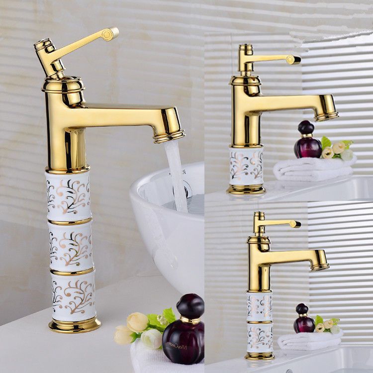 Cross-Border All-Copper Gold-Plated Bathroom Basin Faucet, Bathroom Countertop Basin Patterned Ceramic Series Faucet