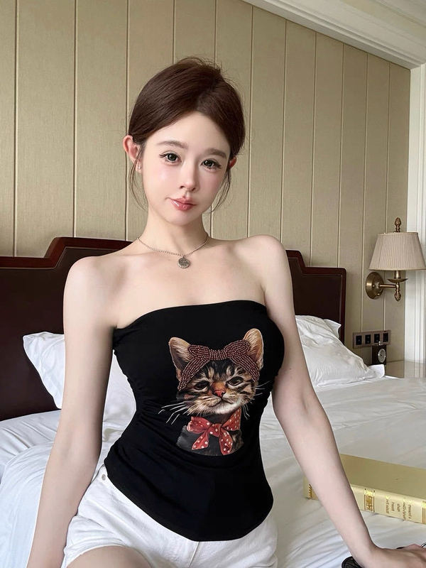 942 # 夏の新しいホットガール漫画子猫プリントチューブトップベストスリムフィット固定ベルト胸パッド快適で多用途|undefined
