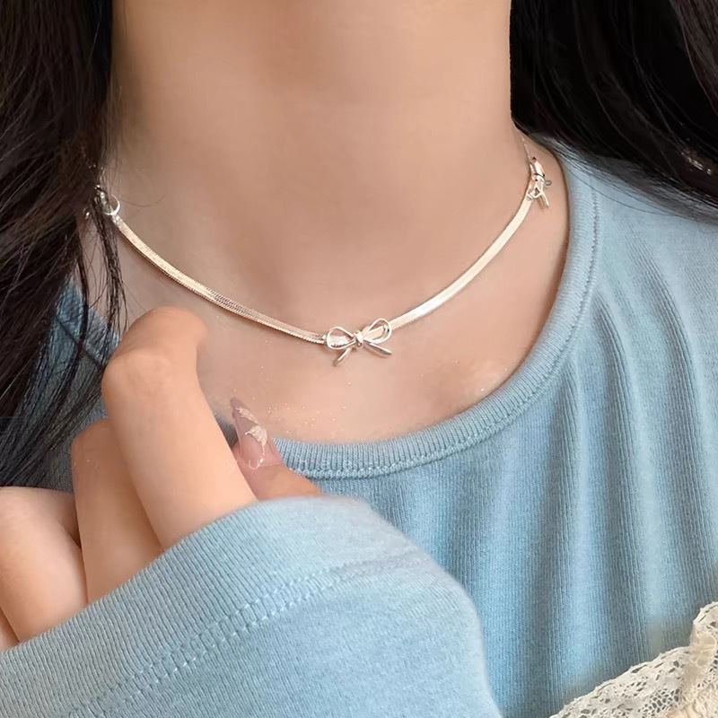 S925 スターリングシルバーリボンウォータードロップジルコンネックレス女性のニッチデザインハイエンド韓国インライト高級鎖骨チェーン|undefined