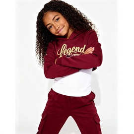 欧美女童秋冬款红酒刺绣短裤连帽卫衣纯色打底T恤工装卫裤三件套