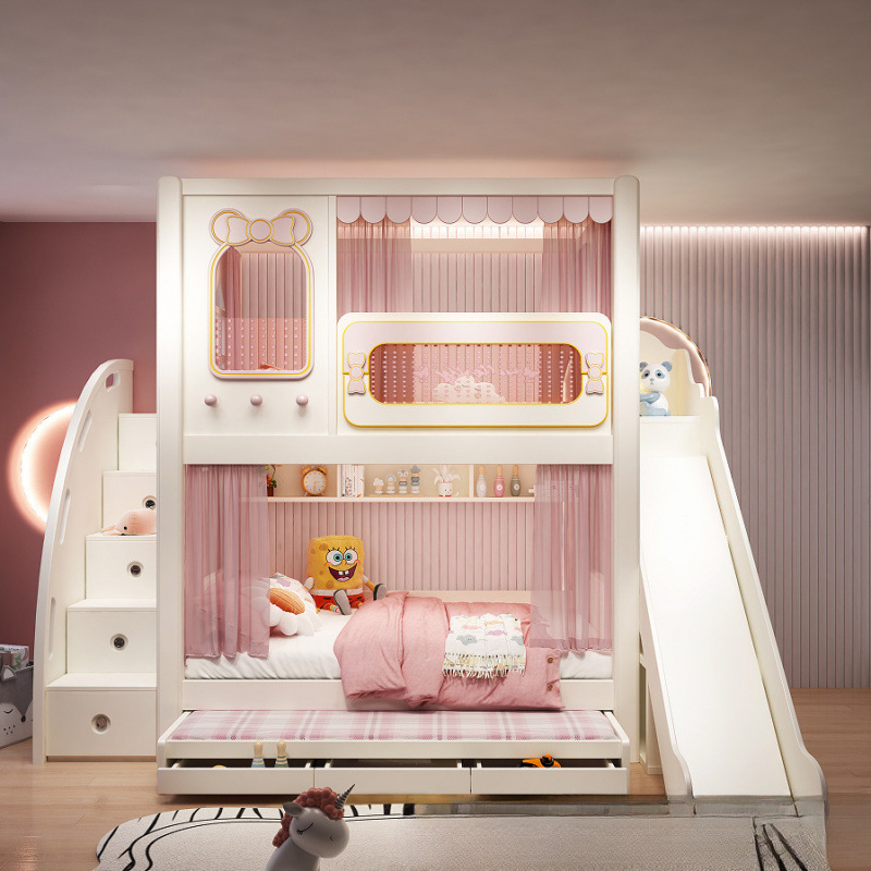 Children's Bunk Bed Castle Slide Bed Multi-Functional Double Bed Pink High Guardrail Children's Two-Story Bed with the Same Width up and down