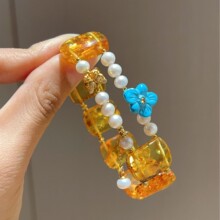 天然琥珀蜜蜡花珀手牌 天然珍珠 高级感珠宝配饰手链